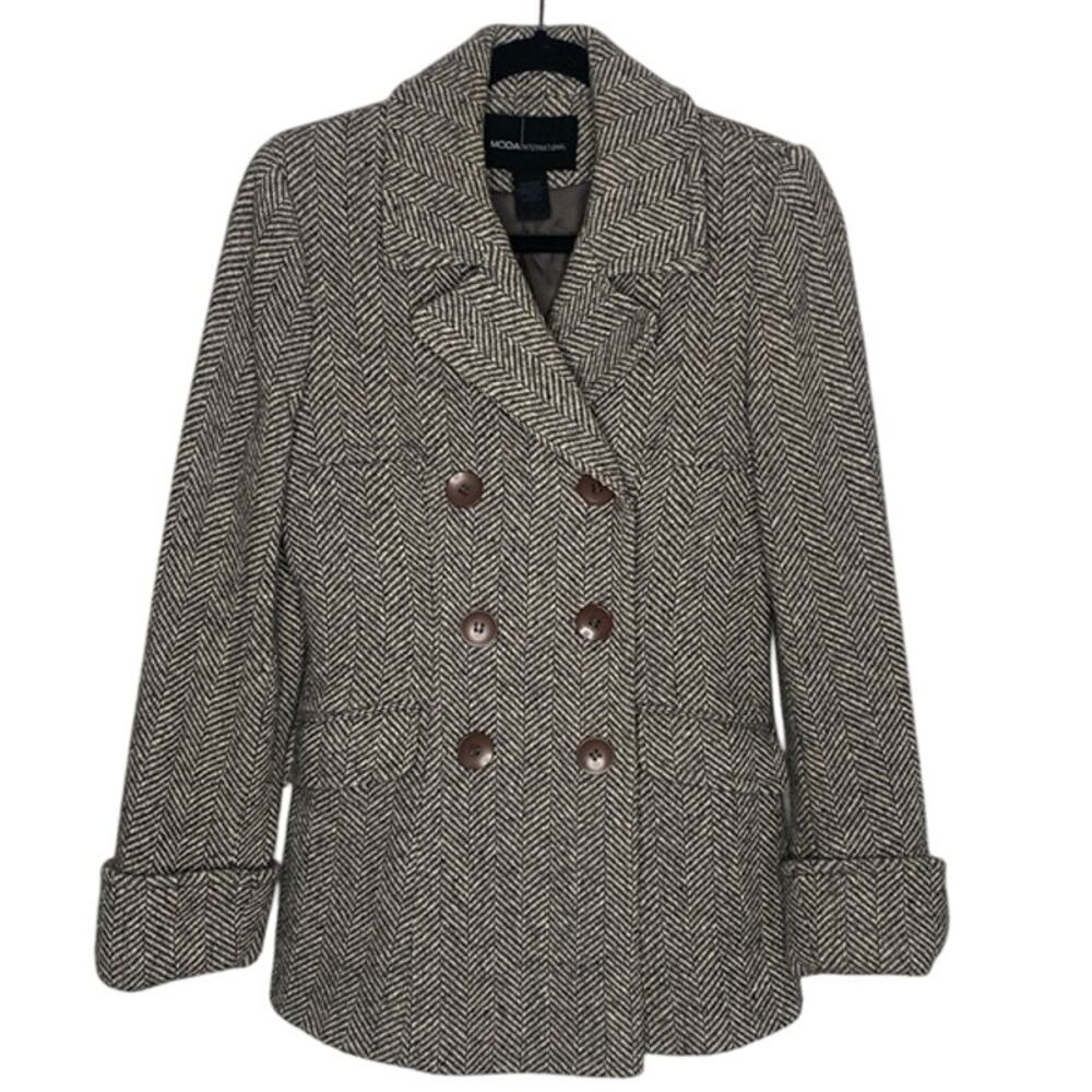 MODA International Gray White houndstooth Wool Blend Double Breast Coat Sz S